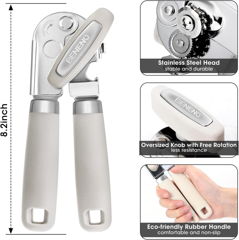 Beneno Heavy Duty Hand Can Opener Manual with Magnet, Durable Sharp Carbon Steel Blade Smooth Cutting, Big Effort-Saving Knob & Soft Grip Handle, Multifunctional Kitchen Tool with Bottle Opener, Beige - Image 2